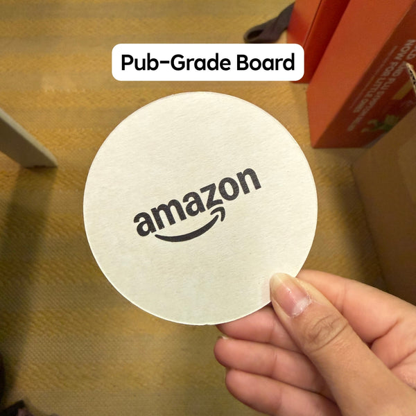 Custom printed coaster with Amazon logo on 390gsm pub grade board - branded coasters by Hero Packaging