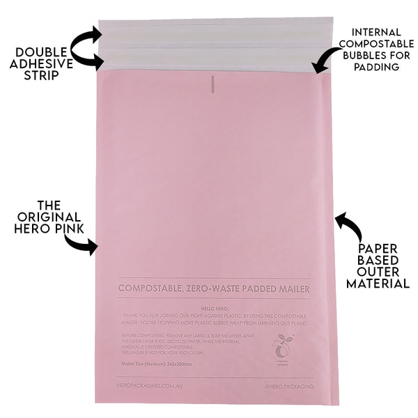 Pink Compostable HEROBUBBLE Mailer - From Packs of 25